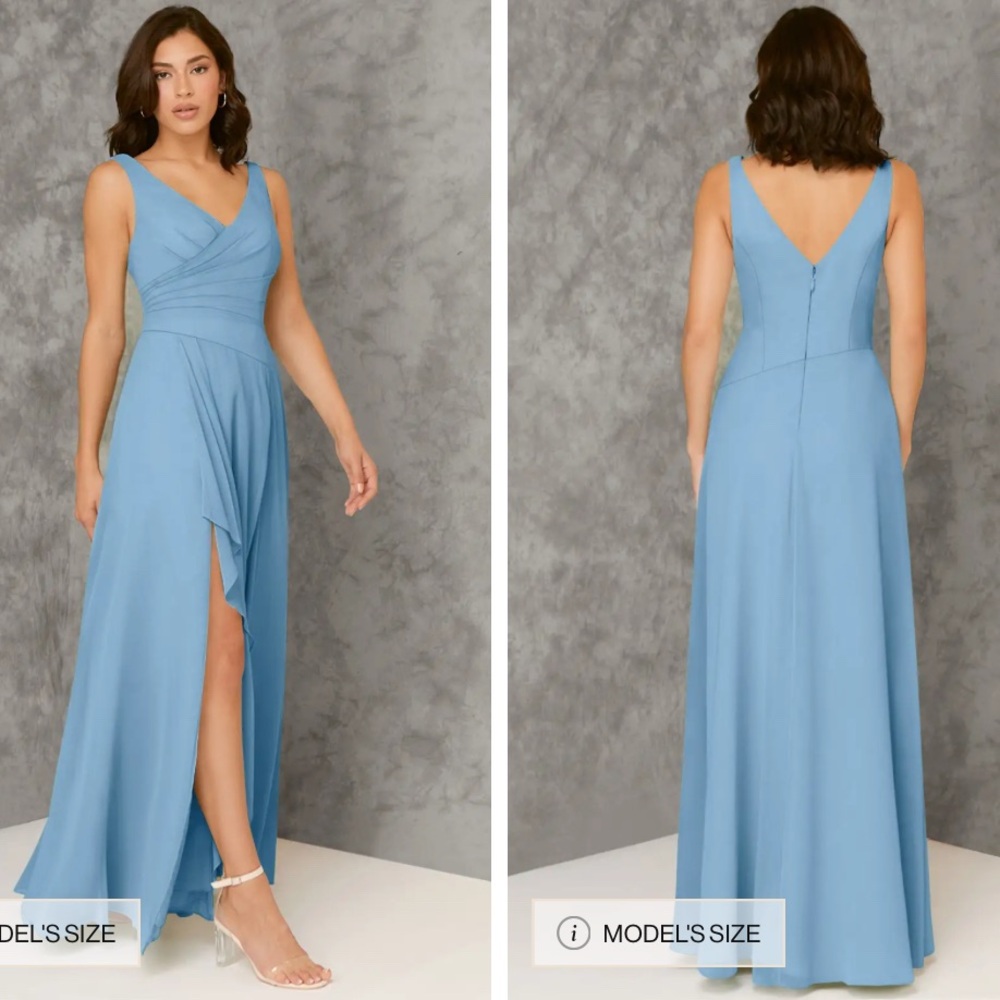 Azazie Kori Steel Blue A-Line Pleated Chiffon Maxi Slit Dress Size 6